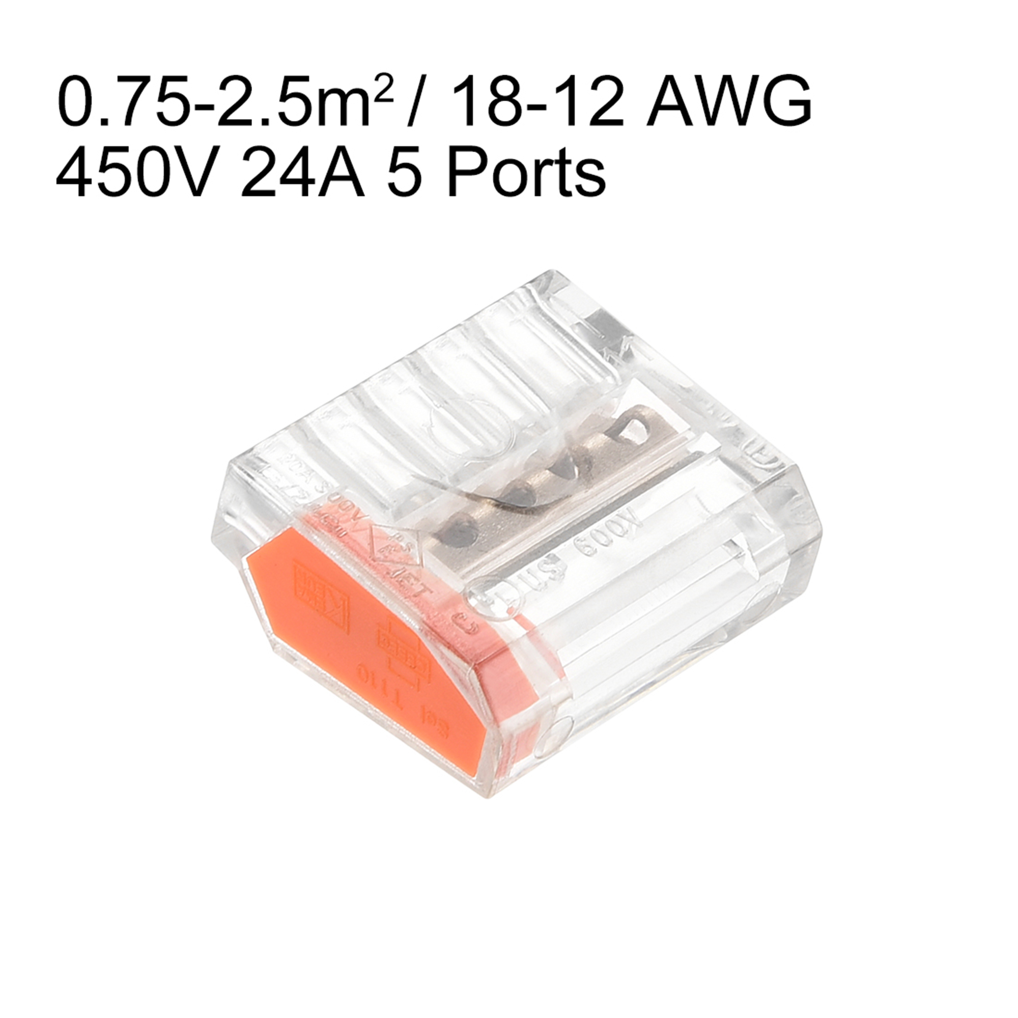 PushIn Electrical Wire Connectors 1812 Awg 5Port 450V Clear Orange