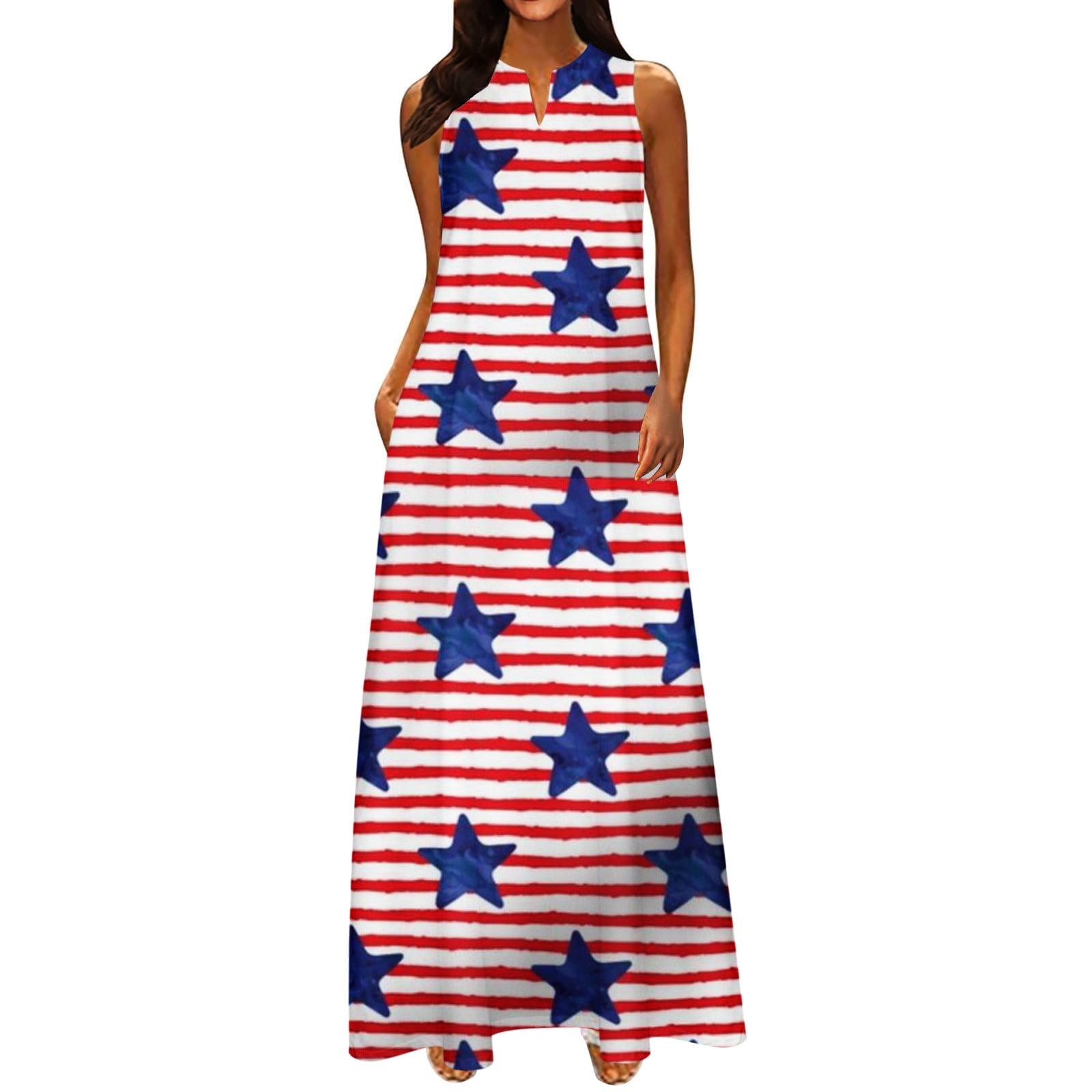Dianli 4th of July Costume Dresses for Women VNeck Sleeveless Maxi