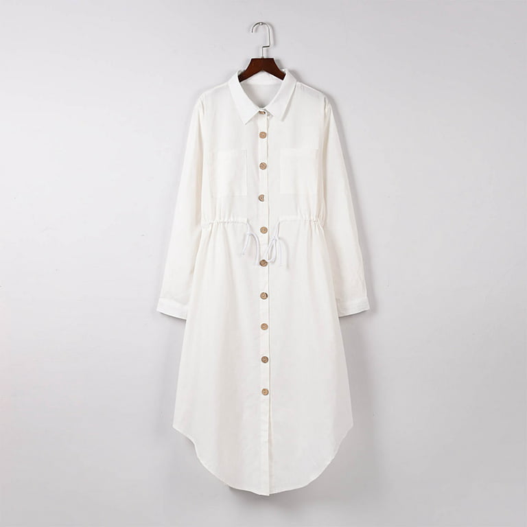 Tshirt Dresses for Women Lapel Button Down Solid Cotton Linen Dress Tie  Waist Casual Summer Work Office Midi Dress