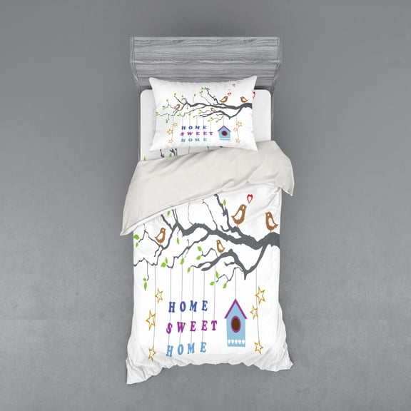 Saying Duvet Cover Set, Leafy Branch with Birds Hanging Stars and Hearts Moving in Greeting Theme, Bedding Set with Shams and Fitted Sheet, 3 Sizes, by Ambesonne