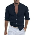 thumbnail image 2 of Leesechin Men's Linen Button Down Shirt Long Sleeve Casual Button Up Beach Summer Shirts Banded Collar, 2 of 6