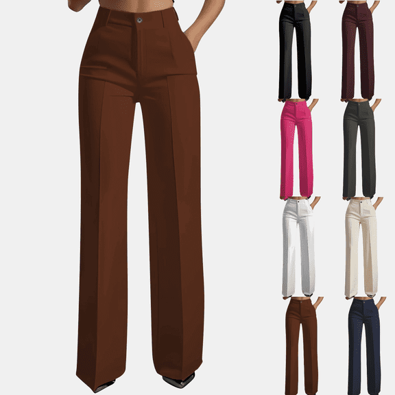 hoksml Women's High Waisted Wide Leg Dress Pants, Button Closure Office Trousers with Elastic Back Waist