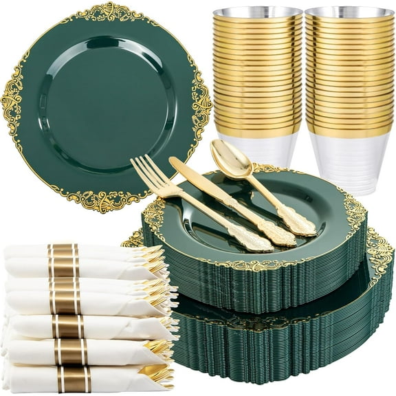 175PCS Green Plastic Plates - Disposable Green Gold Party Plates & Pre Rolled Napkins with Cutlery for 25 Guests, 50Plates, 75Silverware, 25Cups, 25Napkin for Wedding & Party