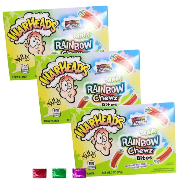 Warheads Sour Rainbow  Chewy Candy Bites with Sour Wild Berry Filling, Fruity Gummy Treats for Parties Gifts Snacking Stuffers, 3 Oz 3 Packs with Snoep in Beperkte Oplage