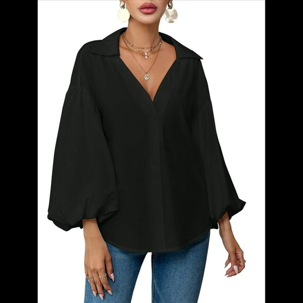Blusa Holgada de Larga con Cuello Semiabierto y Lunares Franceses para Mujer Negro L