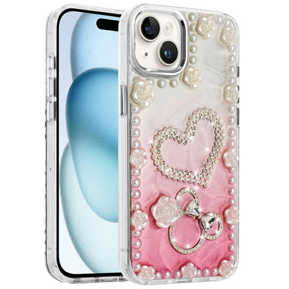 XPM for Apple iPhone 15 Phone Case, Bling Fashion Design with 3D Pearls Epoxy Glitter Ornaments Chrome Edge Hard Slim PC Cover for iPhone 15 (Hearts Pink)