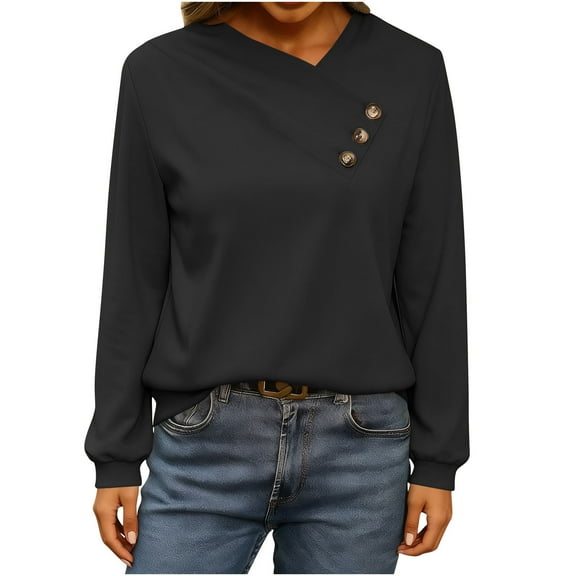 Womens Dressy Casual Tops with Buttons Solid Color V Neck Long Sleeve Lightweight Sweatshirt Pullover Tshirts (XL, Black)