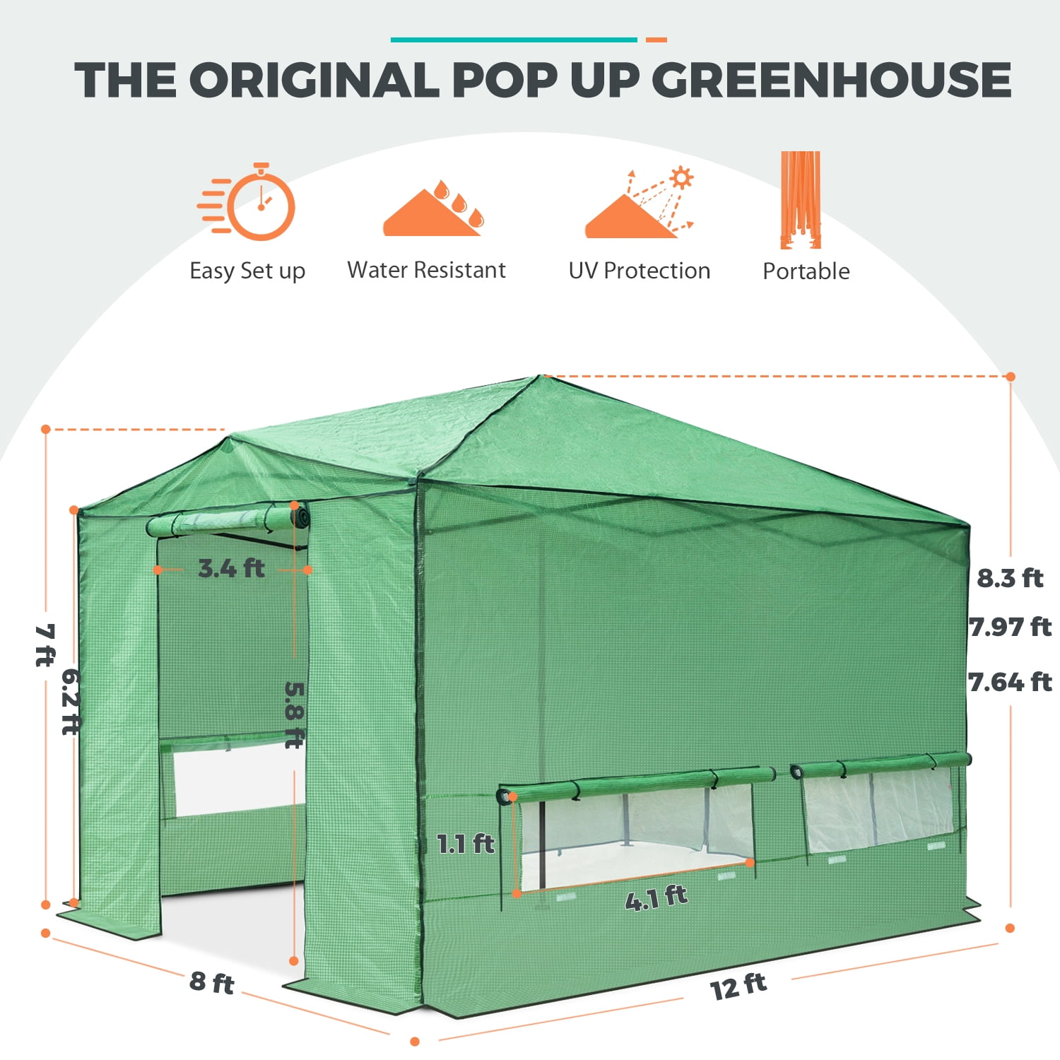 EAGLE PEAK 12x8 Portable Large Walk-in Instant Greenhouse with Support Pole, Pop-up Outdoor Plant Gardening Green House Canopy, Green