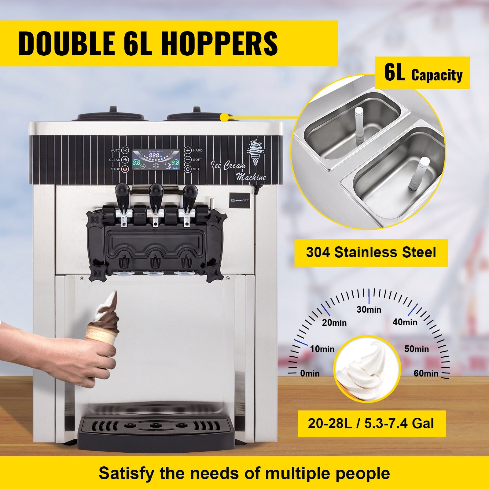 SHENGJINSH Ice Cream Maker, 3 Flavors 5.3-7.4 Gal/H, 2200W Commercial Ice Cream Machine with LED Display Auto Clean
