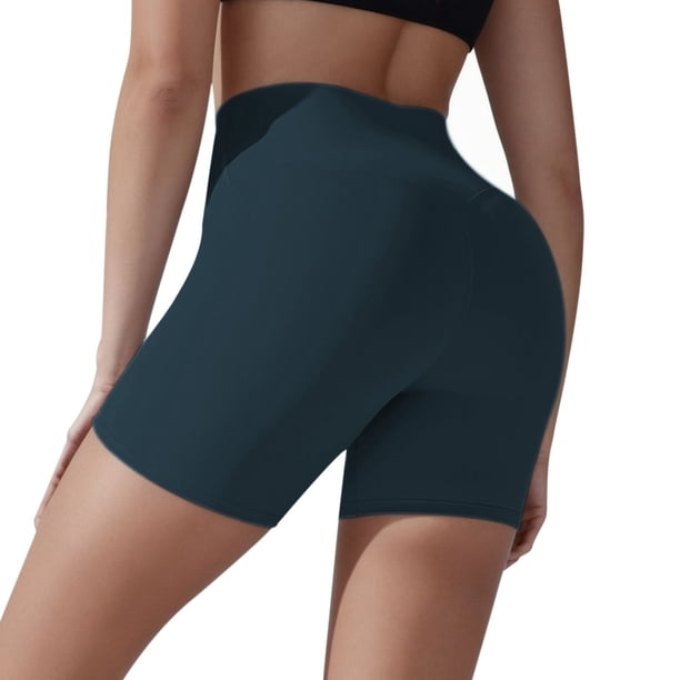 Gibobby Shorts Deportivo Shorts de yoga de color sólido para mujer, de doble , cintura alta, elástico, compresión, longitud de(Azul marino, XL)