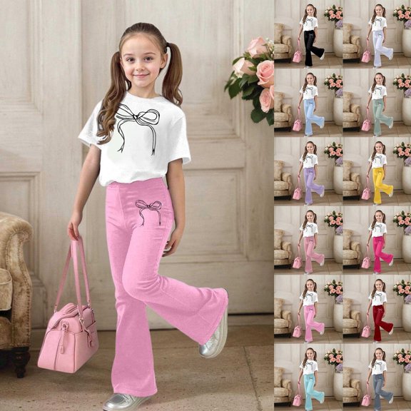 LRen 4T Girls Outfits, Girl's 2 Piece Set Cute Bowknot Print Short Sleeve T Shirt with Flare Leg Pants Set Little Girl Clothes Sets,Brick Red,5-6 Years