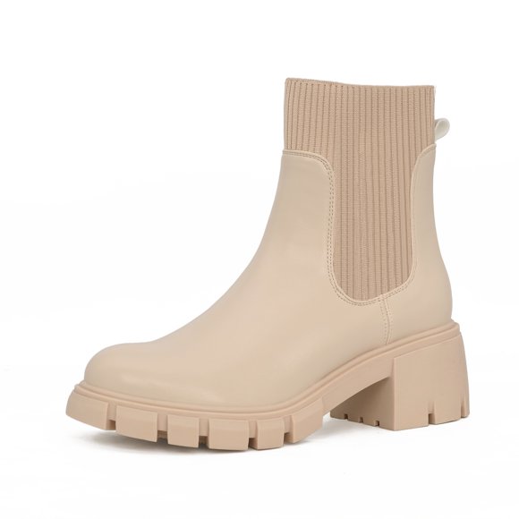 Bottes Chelsea pour Femmes Élastiques à Enfiler Talon Épais Semelle Crantée Bottines Mode