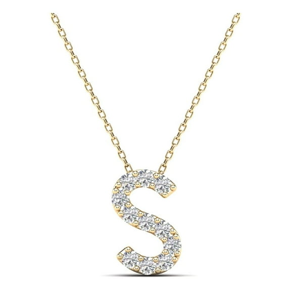 0.11 Carat Natural White Diamond Initial "S" Pendant Necklace For Women In 14K Yellow and White Gold with 18" Gold Cable Chain|Silver Chain