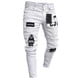 thumbnail image 2 of 3 estilos hombres elástico rasgado ajustado Biker bordado estampado Jeans desgastado agujero tapado Slim Fit Denim rayado alta calidad Jean, 2 of 5