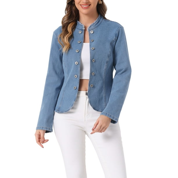 Blazer de mezclilla INSPIRE CHIC para mujer, con frente abierto, cuello de pie, chaqueta de jeans XL color azul claro