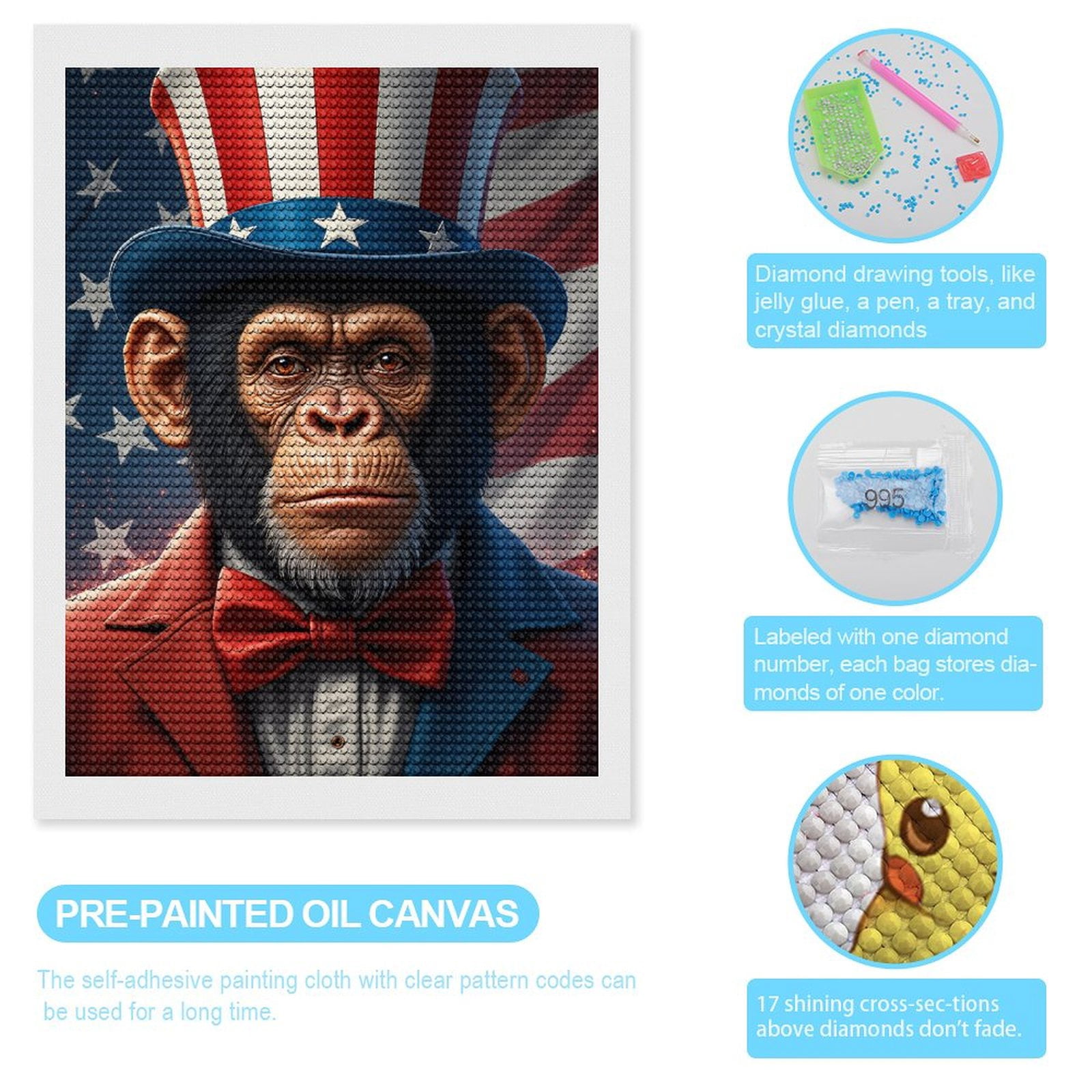 Diamond Art Kits for Adults, Chimp Patriotic Stars Stripes Hat 5D Diamond Painting Kits for Adults Beginners, DIY Full Drill Diamond Painting, Gem Art and Crafts 12x16