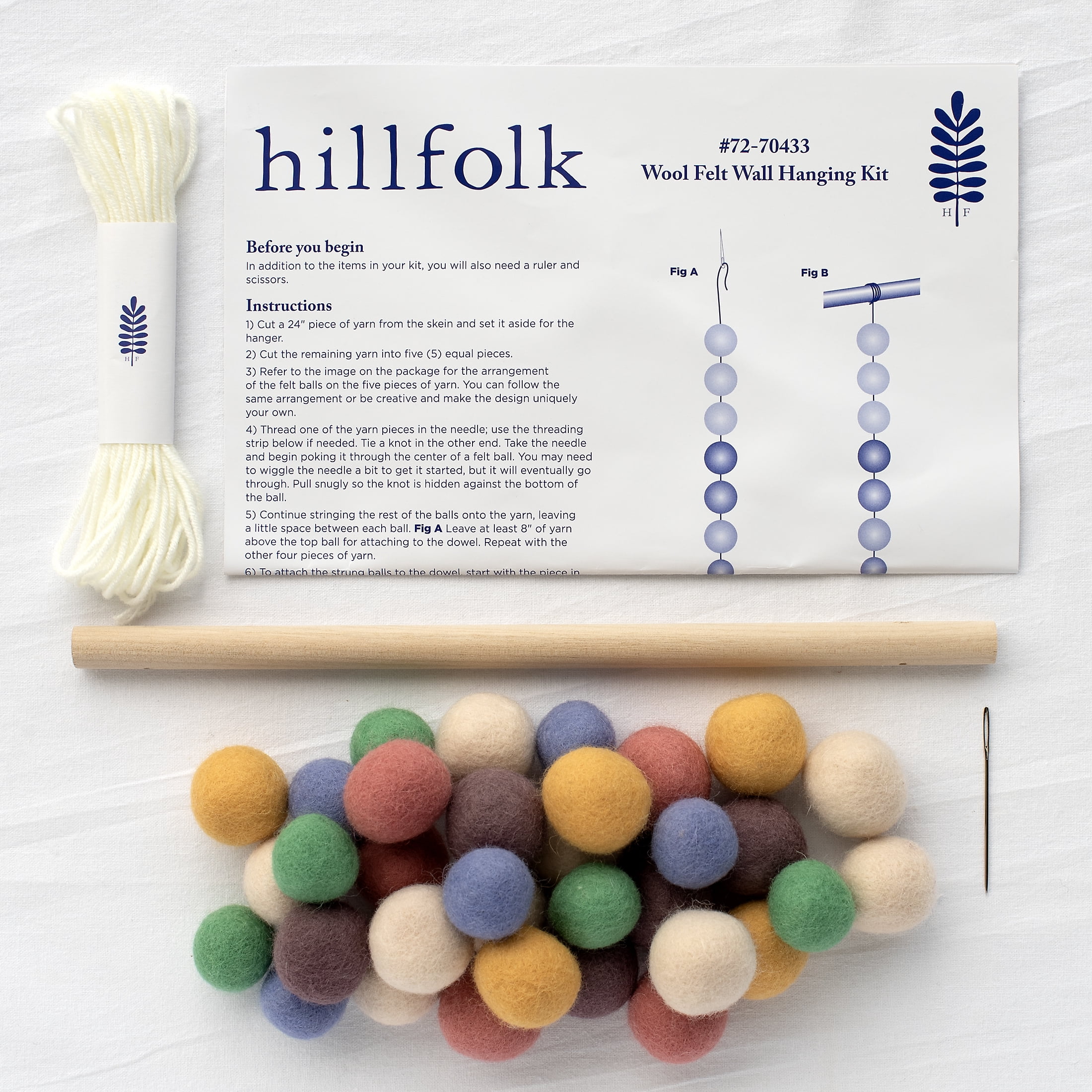 Hillfolk Felt Ball Wall Hanging Kit with 34 Wool Felt Balls, Wooden Dowel, Needle, and Instructions