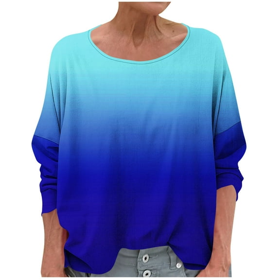 Women's T-Shirts Linen 3/4 Sleeve Crewneck Gradient Color Casual Dressy Loose Comfy Tunic Tops