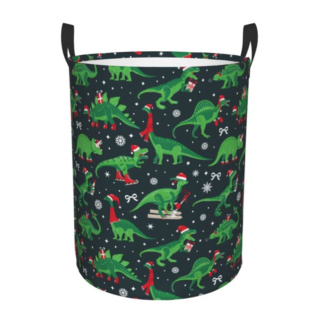 Fotbe Dino Christmas Party Cesto de Ropa con Asas, Cesto Impermeable de Gran Capacidad, Bolsa de Lavado para Dormitorio, Cesto de Ropa con Ruedas y Asas-Small