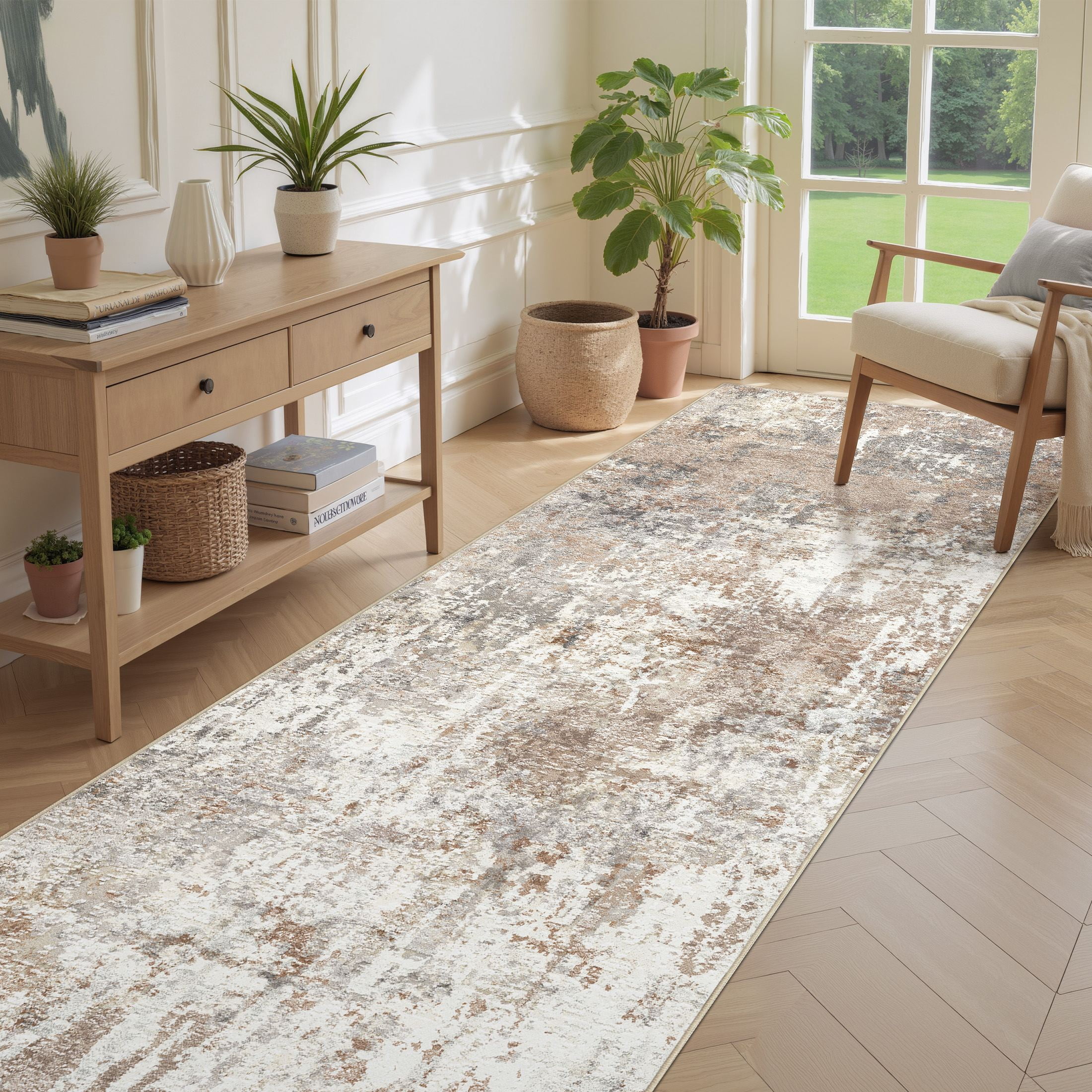 UERMEI 3'x8' Runner Rugs Non Slip, Washable Indoor Rug for Hallway Kitchen Entryway Doormats, Modern Abstract Bedroom Home Decor Carpets, Brown