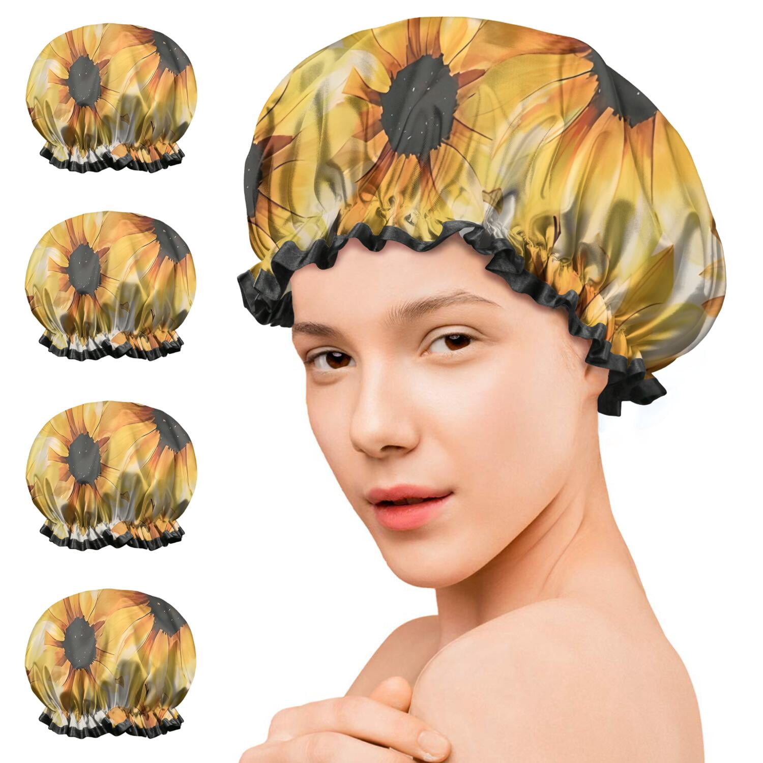 Shower Caps,White Sunflower Pattern Waterproof Shower Cap for Women 4 Pieces,Double Reusable Hair Cover for Shower PEVA Elastic Stretch Hem