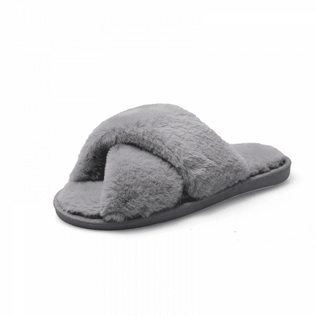 

Wish Women s Fuzzy Slippers Cross Band Soft Plush Cozy House Shoes Furry Open Toe Indoor or Outdoor Slip on Warm Breathable Anti-skid Sole S1988