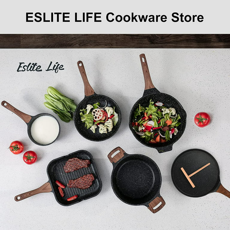 ESLITE Nonstick Cookware Sets 12 Pcs Granite Coating Pots and Pans