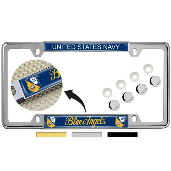 [Officially Licensed Product] - US Navy Blue Angels Flight Demonstration Squadron-Domed Custom-Made Personalized Thin Top 4 Hole Metal Car License Plate Frame with Free caps -Chrome (Qty: 1 Frame)