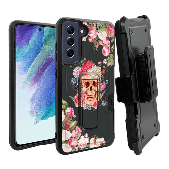 ANJ  Rugged Dual Layer Hybrid Holster Kickstand Case w/ Card Slot   Tempered Glass Cover for Samsung Galaxy S21 FE 5G - Floral Skull