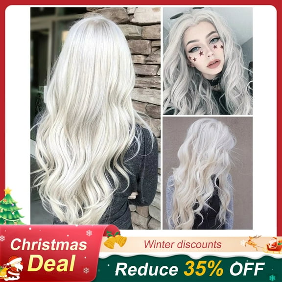 SUCS Women Natural White Long Curly Wig Synthetic Wavy Hair Full Front Heat Wig