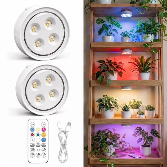 Rechargeable Grow Lights for Indoor Plant, Full Spectrum 6500K LED with Timer & Remote, Stepless Dimming, 2-Pack