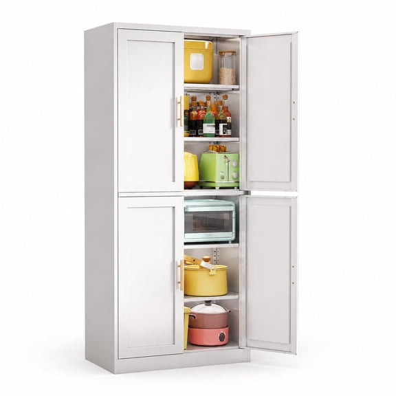 Freestanding Tall Metal Pantry Cabinet with Doors and 4 Adjustable Shelves, 71-Inch High Kitchen Storage Cupboard for Living Room, Dining Room, White