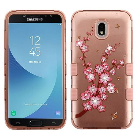 Samsung Galaxy J7 (2018), J737, J7 V 2nd Gen, J7 Refine Phone Case Tuff Hybrid Shockproof Impact Rubber Dual Layer Hard Soft Protective Hard Case Cover 2D Spring Flowers Rose Gold Phone