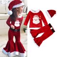 thumbnail image 1 of Conjunto de tres piezas con pantalones acampanados de manga larga y gorro para niñas pequeñas, estampado navideño, otoño e invierno, Herrnalise, 1 of 5