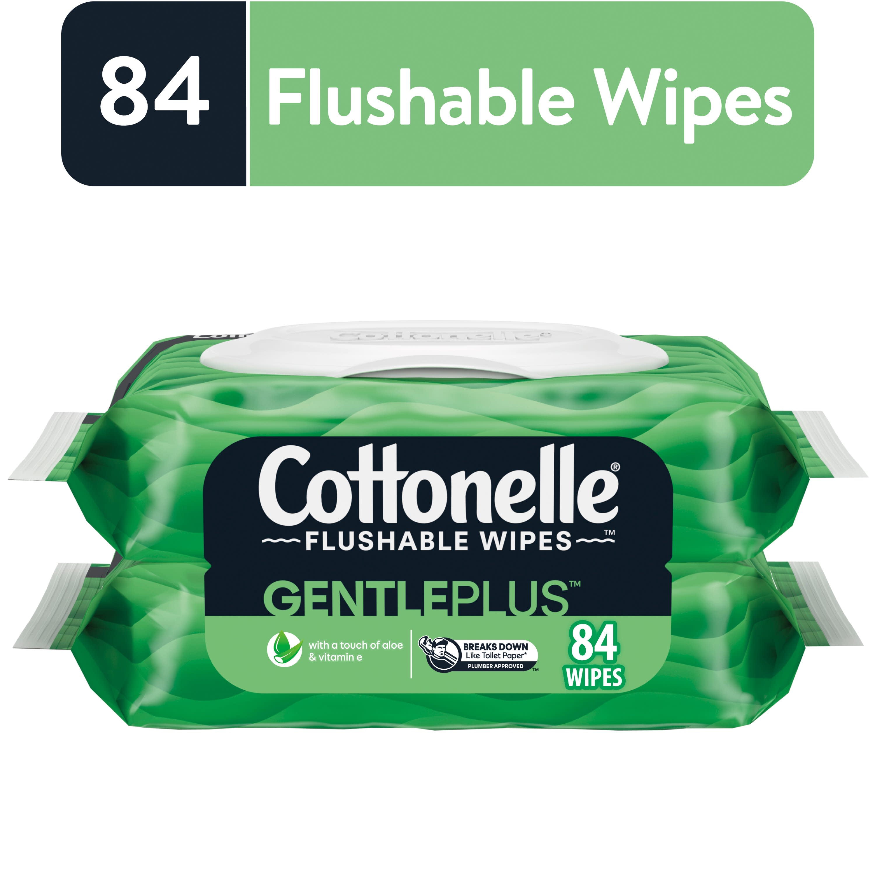 Cottonelle GentlePlus, 2 Flip-Top Packs, 42 Wipes per Pack (84 Total Flushable Wipes)