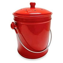Ceramic Compost Bin 1 Gallon - Natural Home Countertop Food Scrap Collector - Red Kitchen Compost Container with Lid & Charcoal Filter - Dishwasher Safe