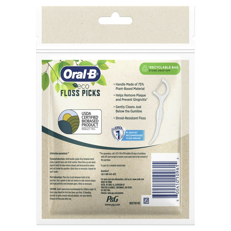 Oral-B Eco Dental Floss Picks, Sustainable, Mint, 75 Picks
