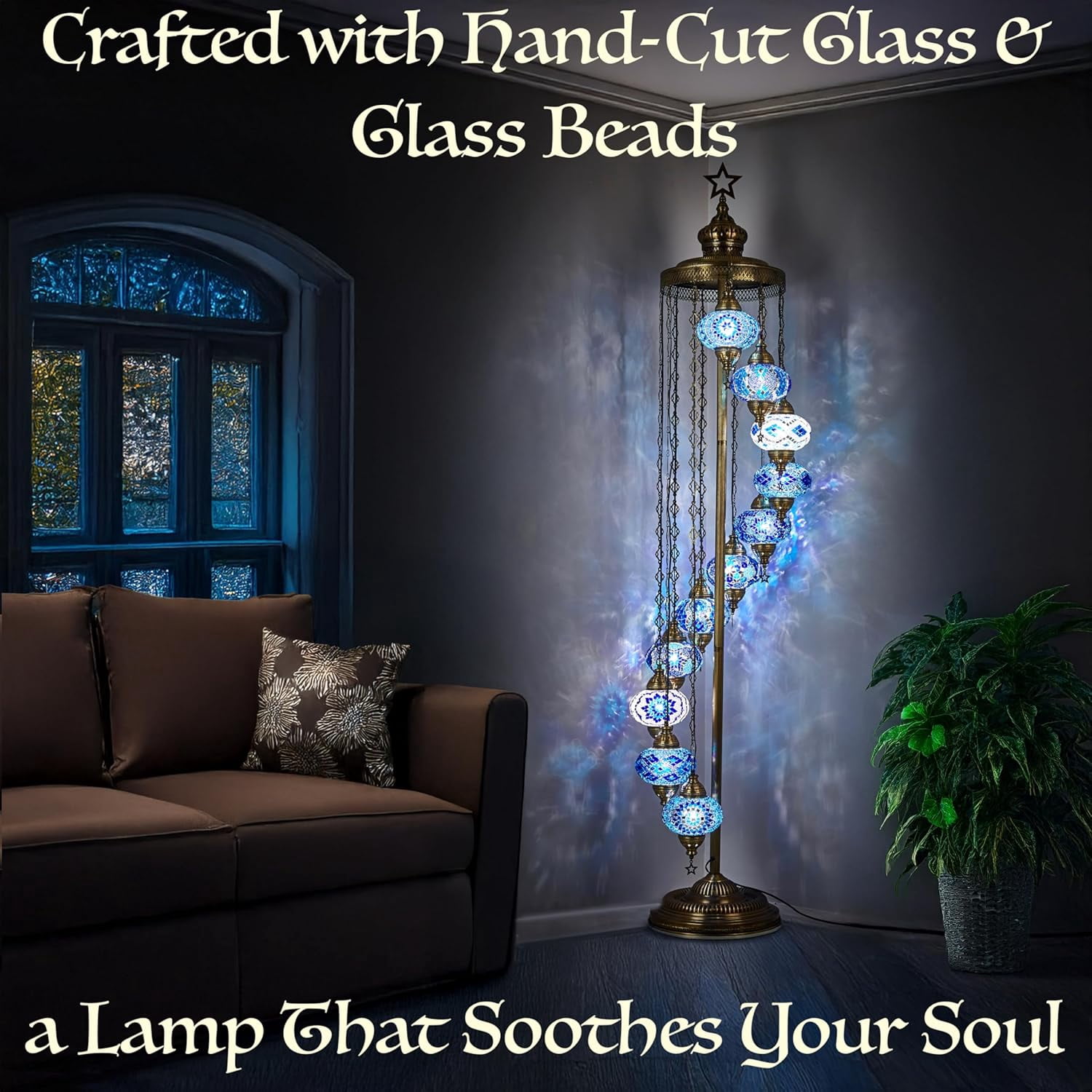 DEMMEX 11-Globe Turkish Moroccan Mosaic Floor Lamp, 7ft Handmade Bohemian Standing Light, Tall Tiffany-Style Decorative Lamp with Mosaic Glass Globes – Handmade in Turkey (Multicolor)