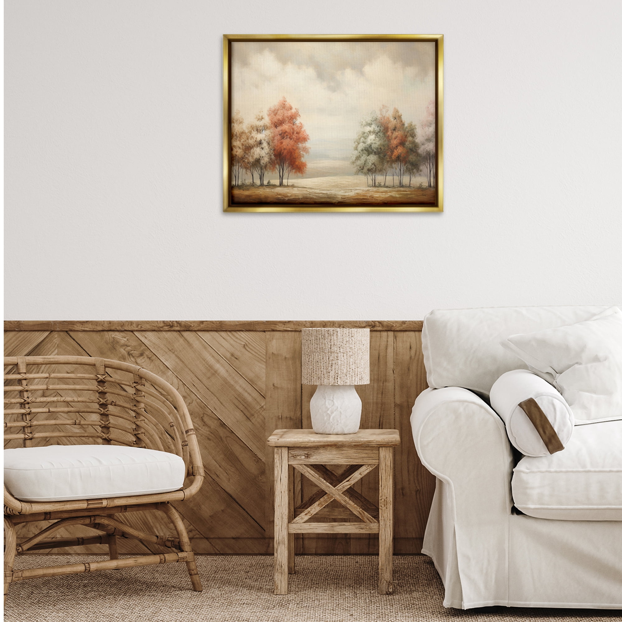 Stupell Industries Muted Autumn Treeline Landscape & Nature Painting Gold Floater Framed Canvas Art Print Wall Art, 25 x 31
