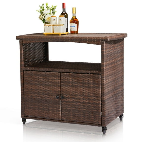 IVV Outdoor Wicker Bar Cart with Storage Cabinet, Patio Buffet Serving Cart w/Wheels & Slatted Composite Wood Tabletop, Rolling Beverage Prep Table for Porch Backyard Garden Poolside Party, Brown