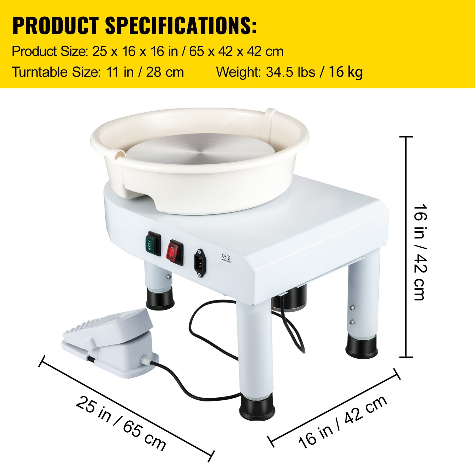 KFFKFF 11in Pottery Wheel with Adjustable Speed, 0-7.8in Lift Leg, Foot Pedal, Detachable Basin, and Sculpting Tool Kit for DIY Art and Craft Projects