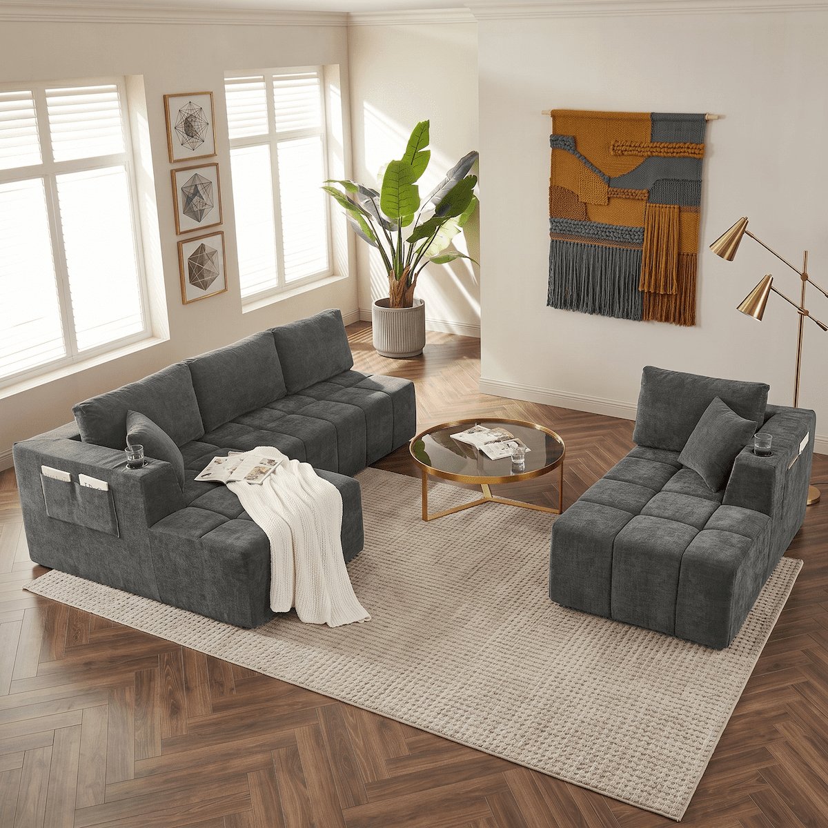 132" Modular Cloud Couch Sectional Sofa, U-Shaped Chenille Sectional with Double Chaise, Cup Holders & Side Pockets, Modern Oversized Sofa for Living Room, No Assembly, Gray