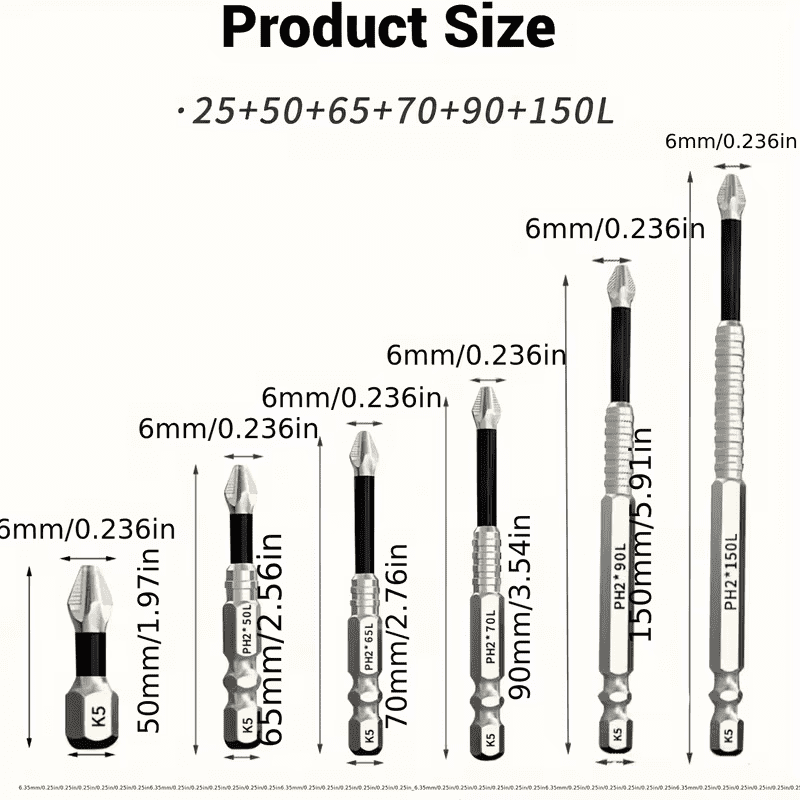 K5 Strong Magnetic Anti-Slip Phillips Screwdriver Bit Set - 6-Piece Set with Multiple Sizes (PH2) Electric Screwdriver Bits, Slim Waist Impact-Resistant Drill Bits, Home Repair & DIY Tools