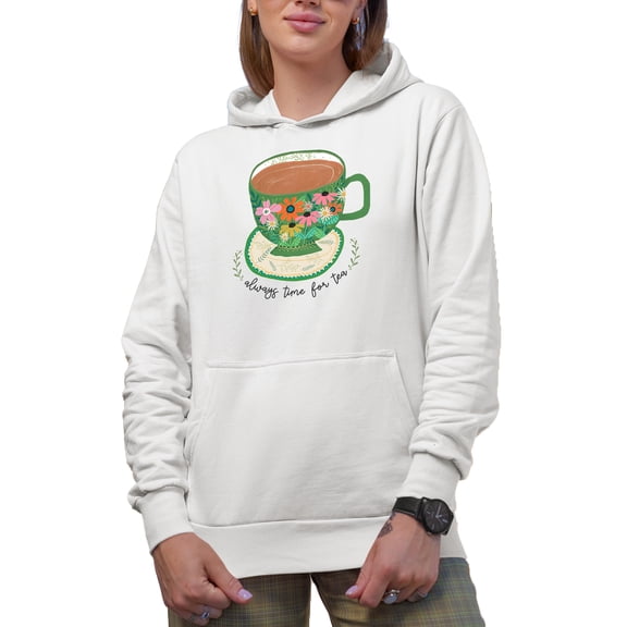 Always Time for Tea Quote with Cute Hand Drawn Teacup or Cup of Tea Art Merch Gift, White Hooded Sweatshirt or Hoodie, Small
