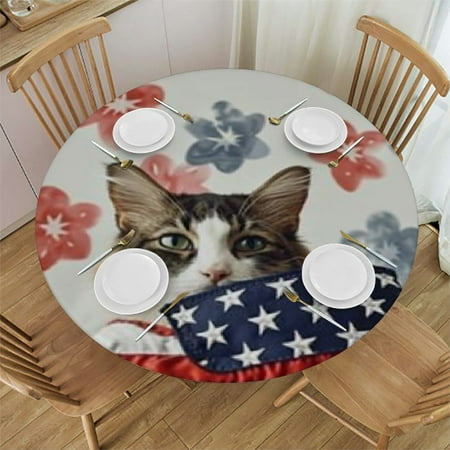 

BANET Round Table Cover Waterproof Reusable Table Cloth Round Fitted Tablecloth with Elastic Edged for Outdoor Party Independence Day American Flag Gnome Flowers Table Cover 42 -46
