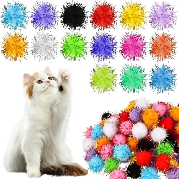 CYFW 100 Pcs Cat Pom Pom Balls,1 in Cat Toy Sparkle Balls Soft Interactive Cats Puff Ball Toys for Indoor Exercise Playing Entertainment&Crafts Puff Balls(Multicolor)