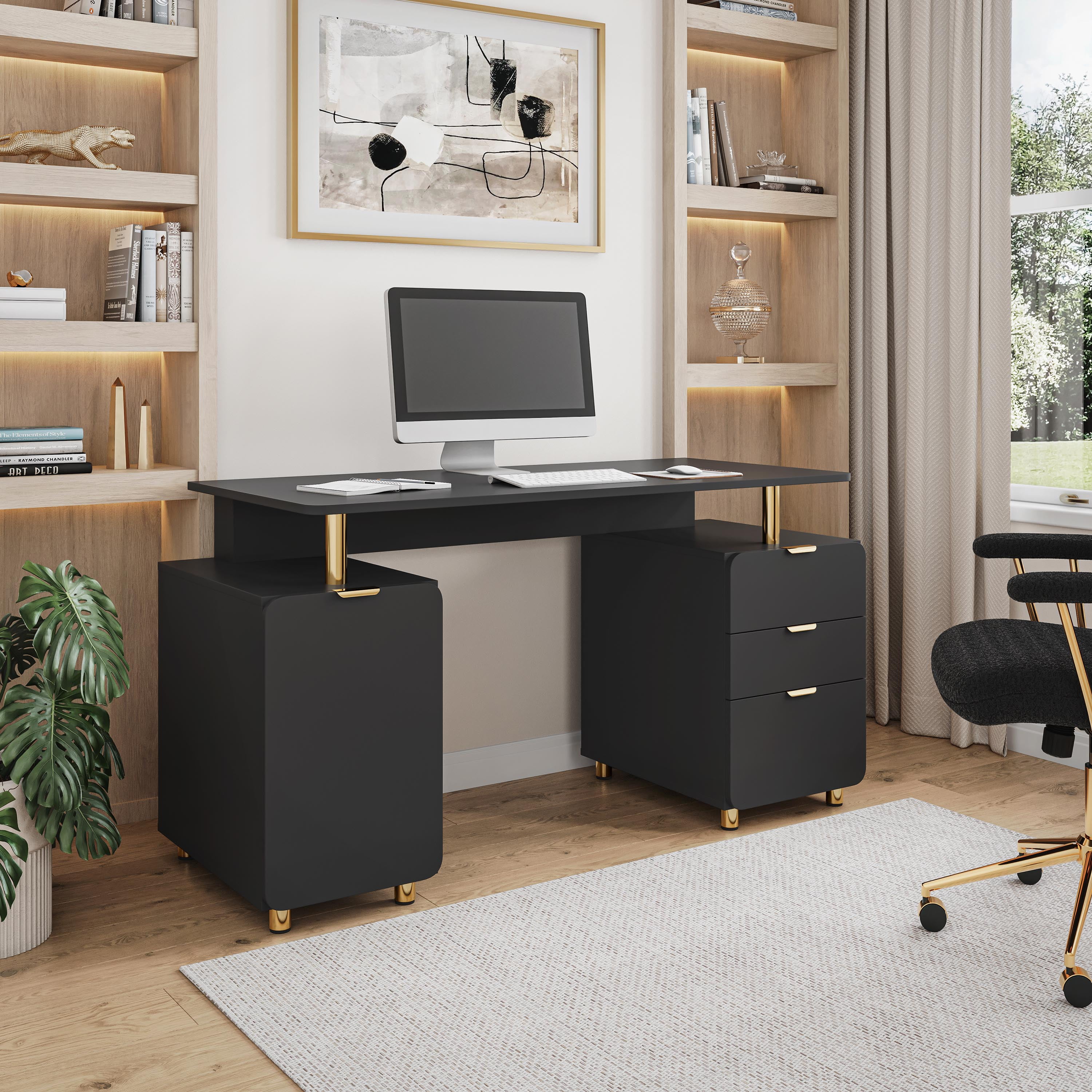 56.75" W Elegant Executive Desk with 3 Drawers and Storage Cabinet, Modern Office Desk with Gold Accents, Floating Work Surface, Closed Storage with Ventilation & Adjustable Shelf, Black & Gold