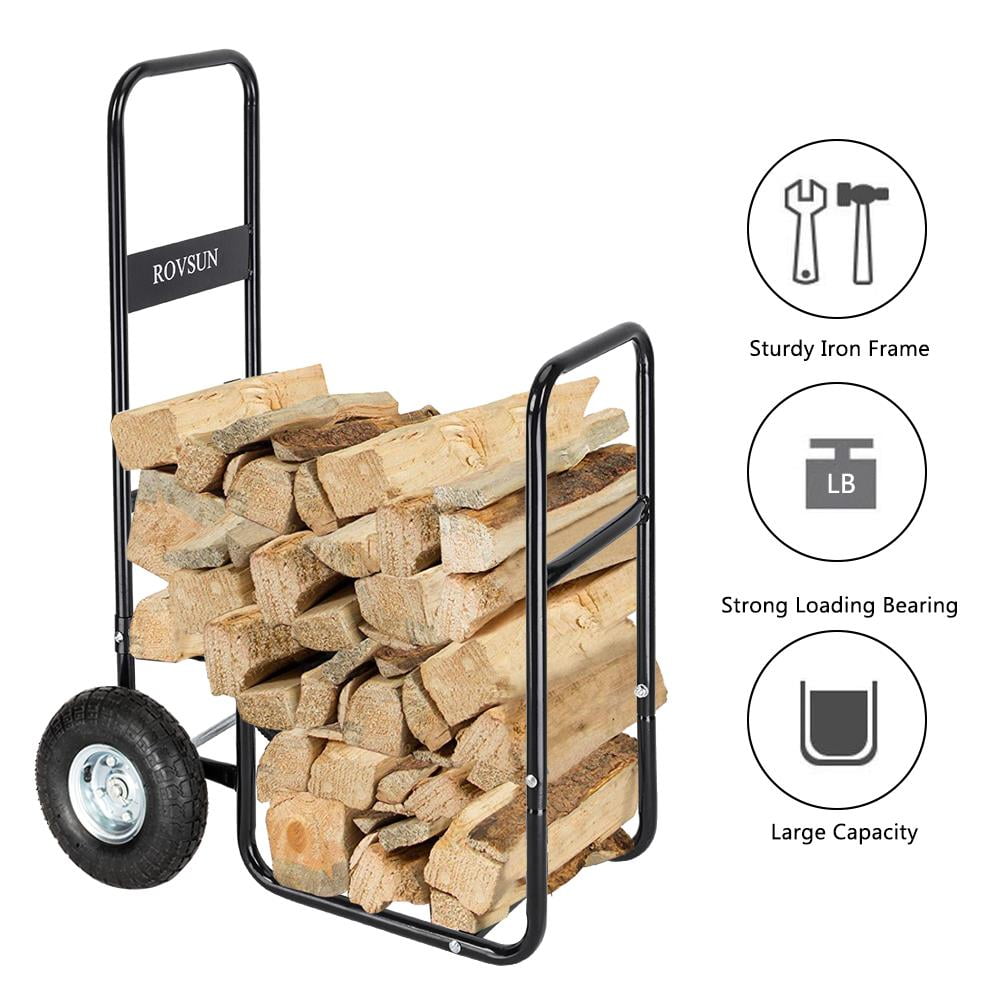 Firewood Cart Storage Log-Holder Wheel Carrier Rack Caddy Rolling Dolly w/ Cover 