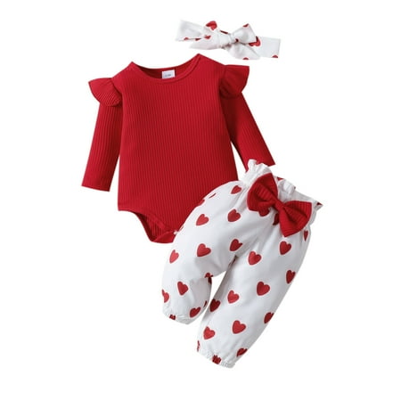 

Baby Girls Outfit Sets Long Sleeve Valentine Day Ribbed Romper Bodysuit Heart Print Bell Bottoms Pants Outfits Fall Casual Trendy Outfit 0-18M
