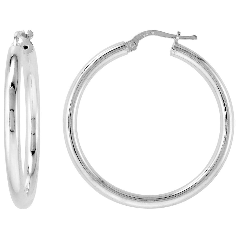.925 Sterling Silver Flat Hammered Hoop Click Clasp Earrings 25mm 